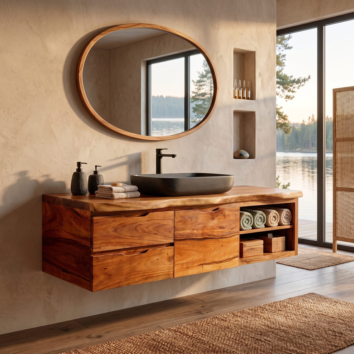 Japandi Wall Mounted Vanity Urban Loft Bathroom, solid wood, built to order