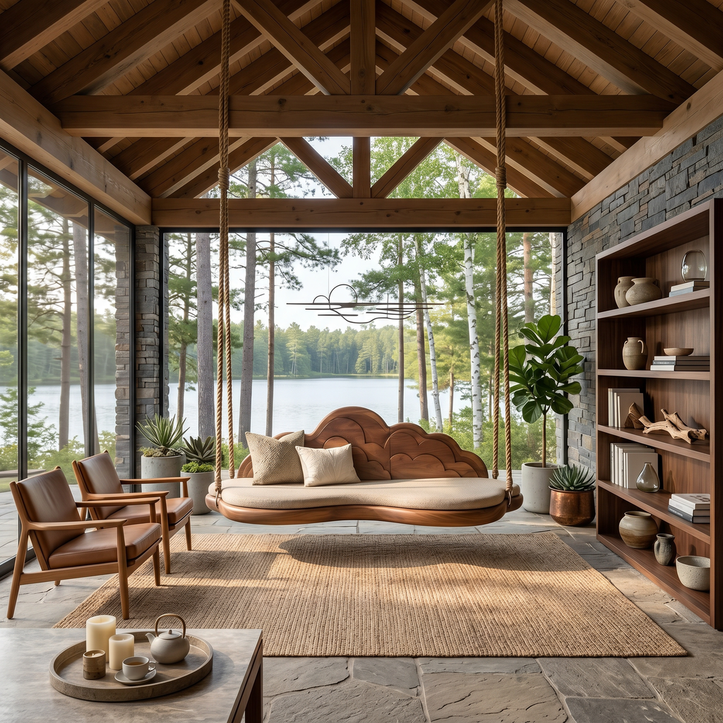 Minimalist Flowing Back Swing Bedroom Lounge Interior Space, solid wood, built to order, view 3