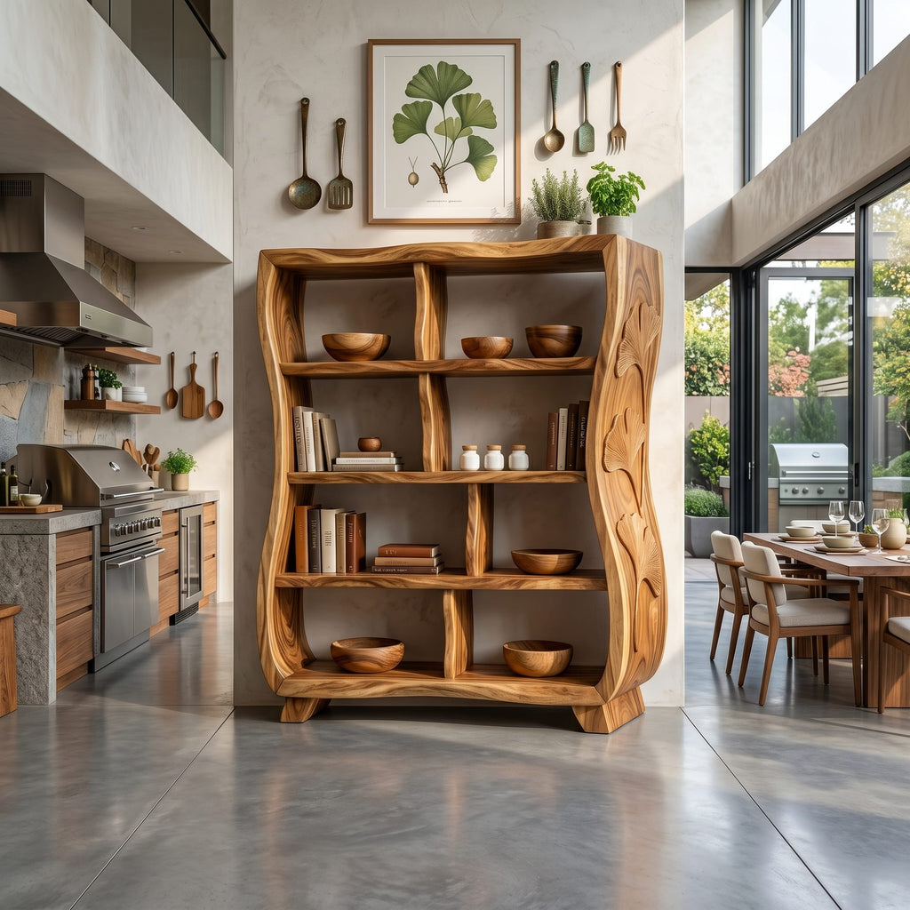 Handcrafted Bookshelf with Ginkgo Leaf Accents, solid wood, built to order