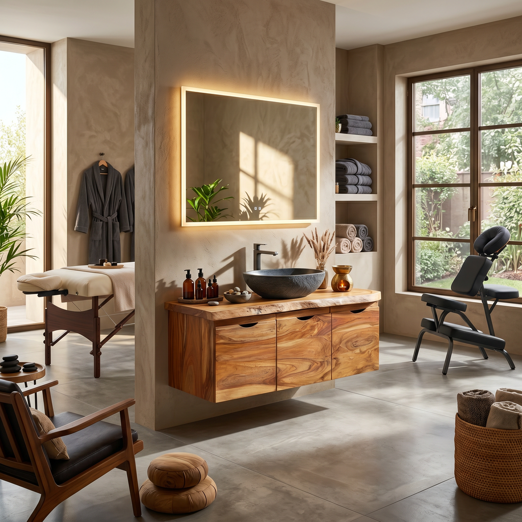 Minimalist Double Sink Vanity Garden Bathroom, solid wood, built to order, view 3
