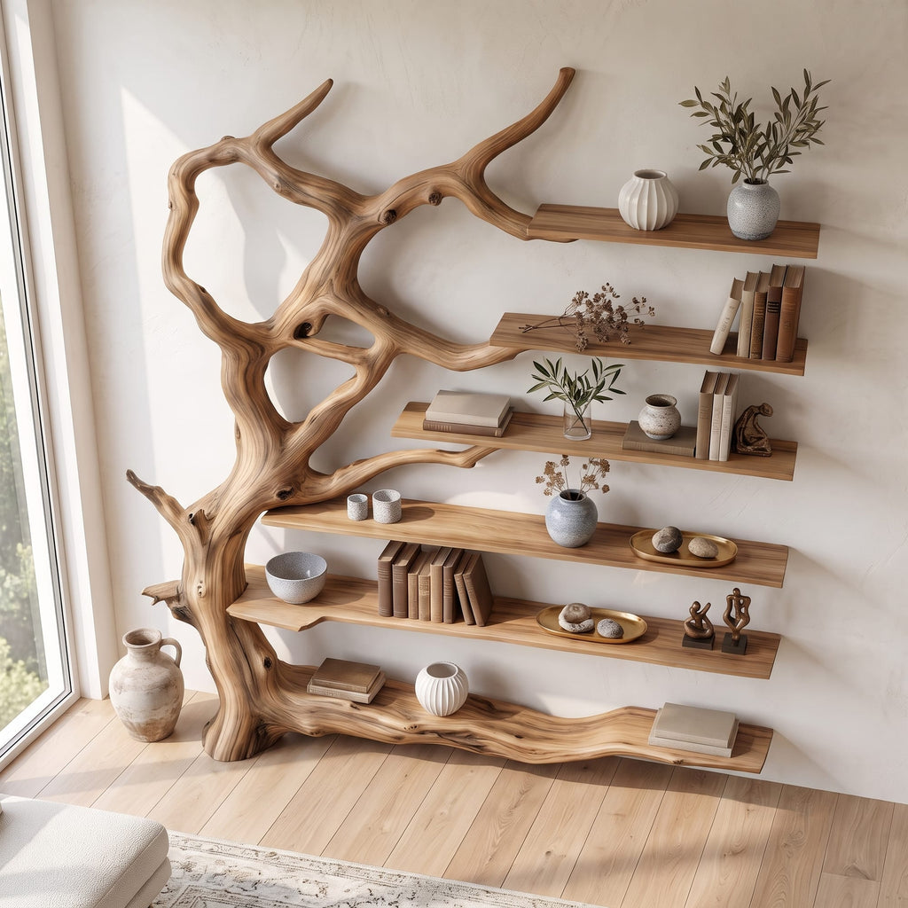 Wall Mounted Rustic Tree Bookcase Floating Shelf, solid wood, built to order