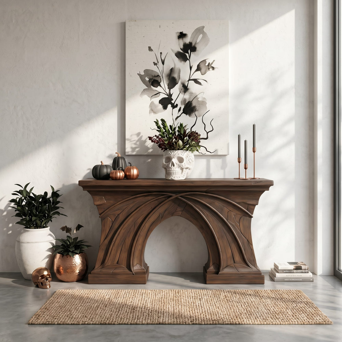 Rustic Console Table Flowing Sculptural Design, solid wood, built to order