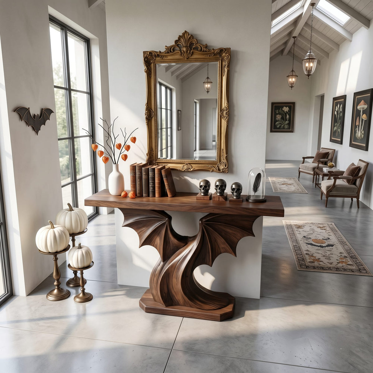 Contemporary Console Table with Sculptural Bat Wing Design, solid wood, built to order