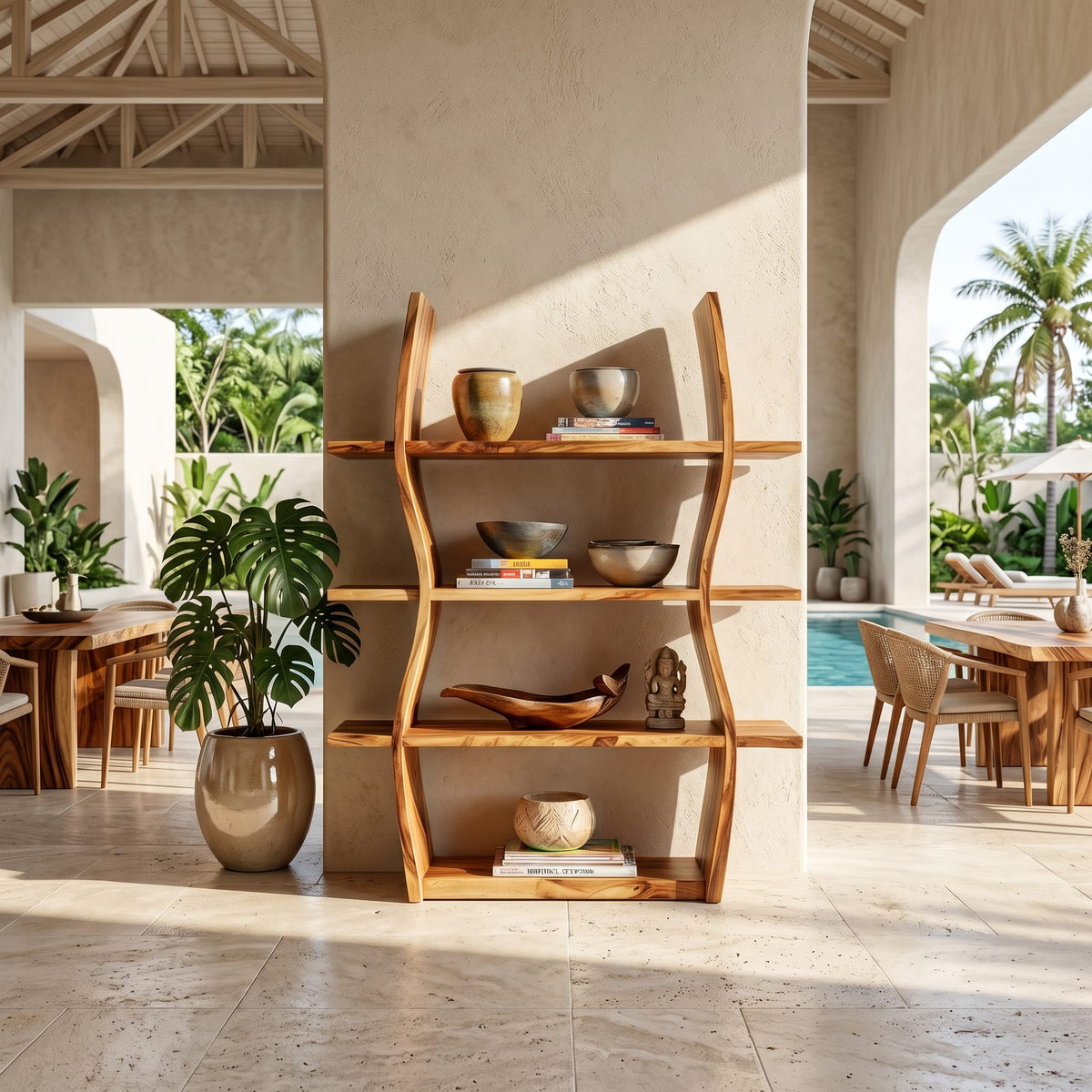 Elegant Wooden Storage Shelf in Wave Design, solid wood, built to order