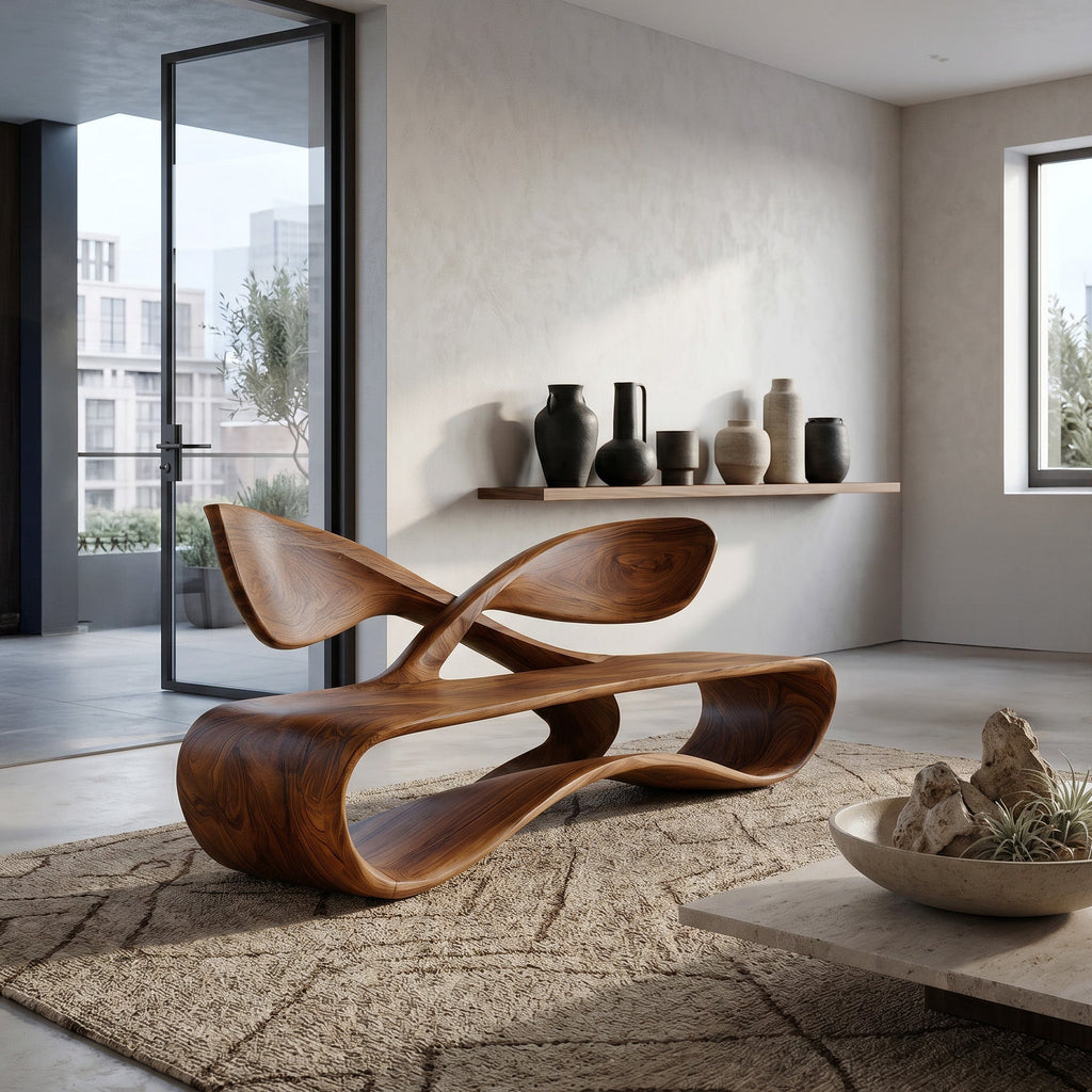 Contemporary Curved Bench with Cross Backrest, solid wood, built to order