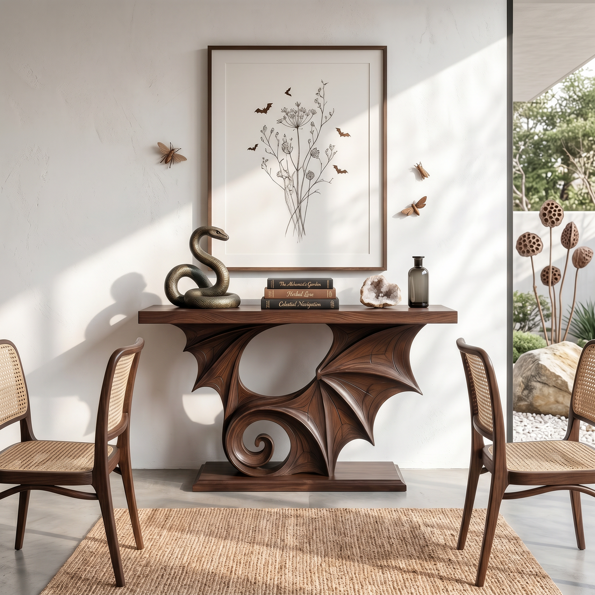 Console Table with Sculptural Bat Design, solid wood, built to order, view 2