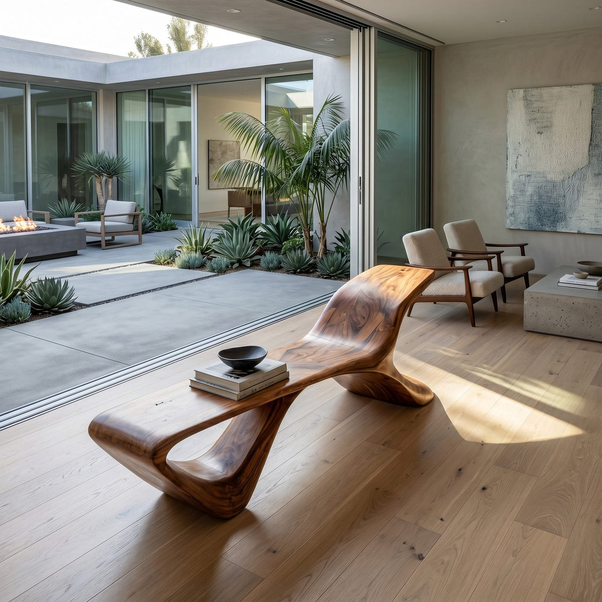 Organic Modern Curved Bench, solid wood, built to order