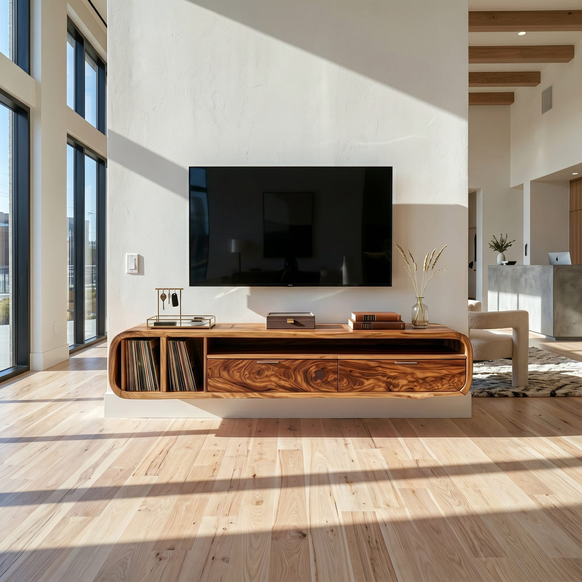Floating Walnut TV Cabinet Vinyl Record Storage, solid wood, built to order