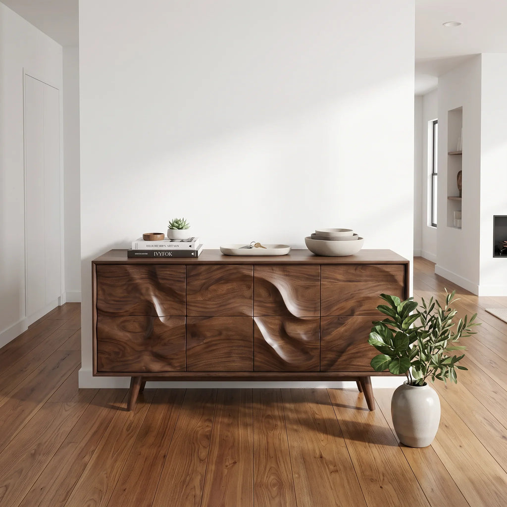 Mid Century Wave Carved Sideboard Living Room, solid wood, built to order, view 8