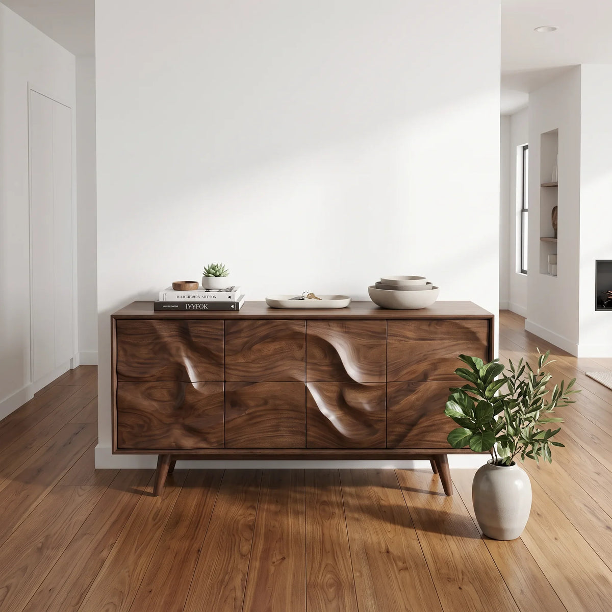 Mid Century Wave Carved Sideboard Living Room, solid wood, built to order, view 8