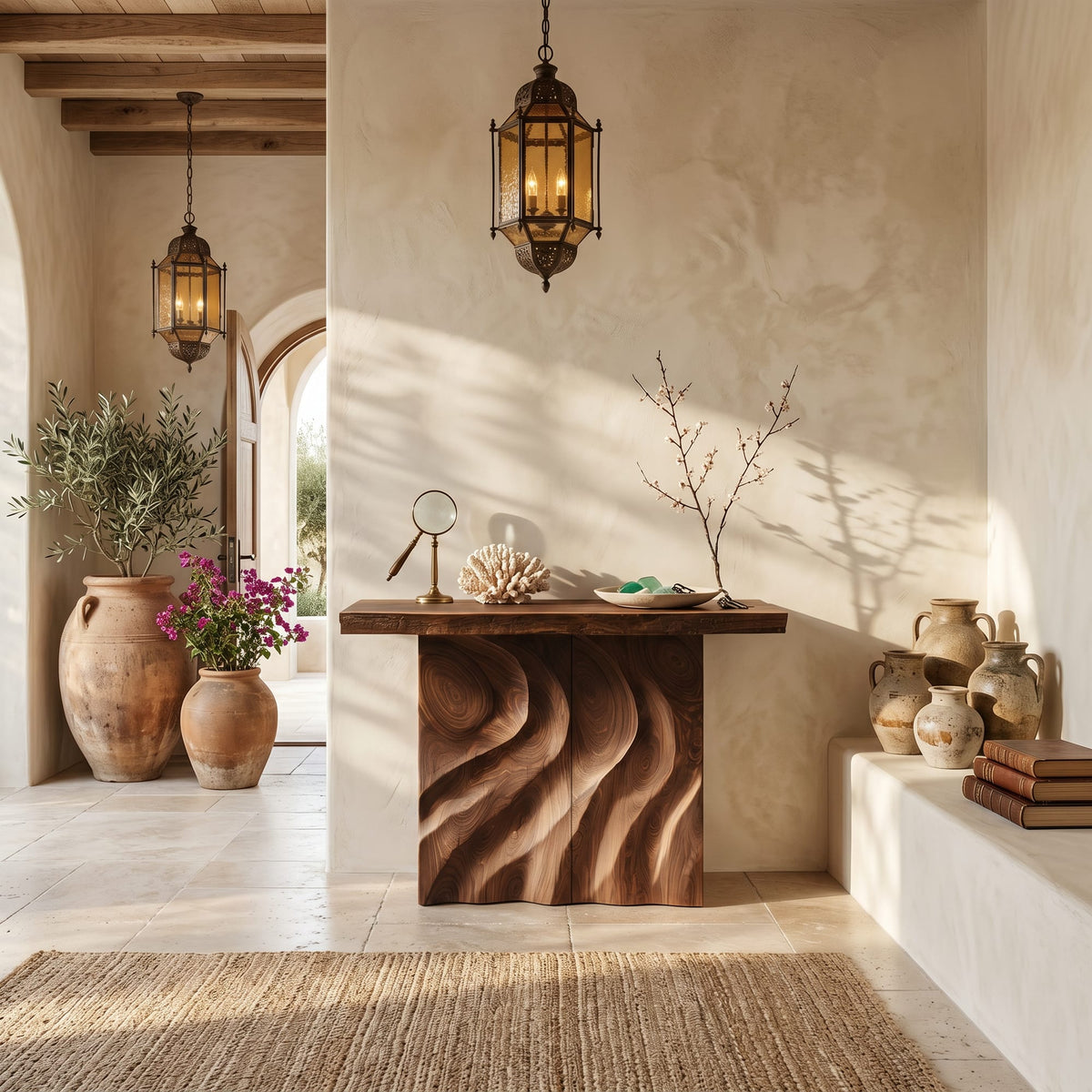 Mid Century Sculpted Base Console Table for Reception Area, solid wood, built to order