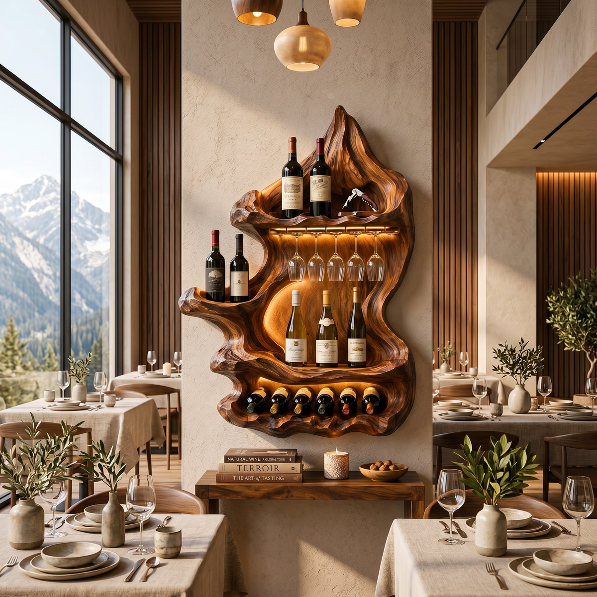 Organic Mountain Inspired Wine Shelf, solid wood, built to order, view 3