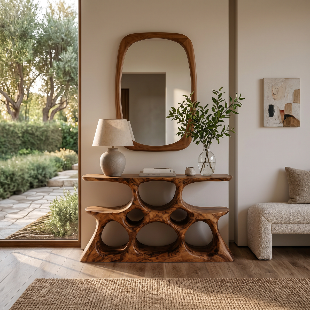 Elegant Wooden Console Table with Sculptural Shelves, solid wood, built to order, view 3