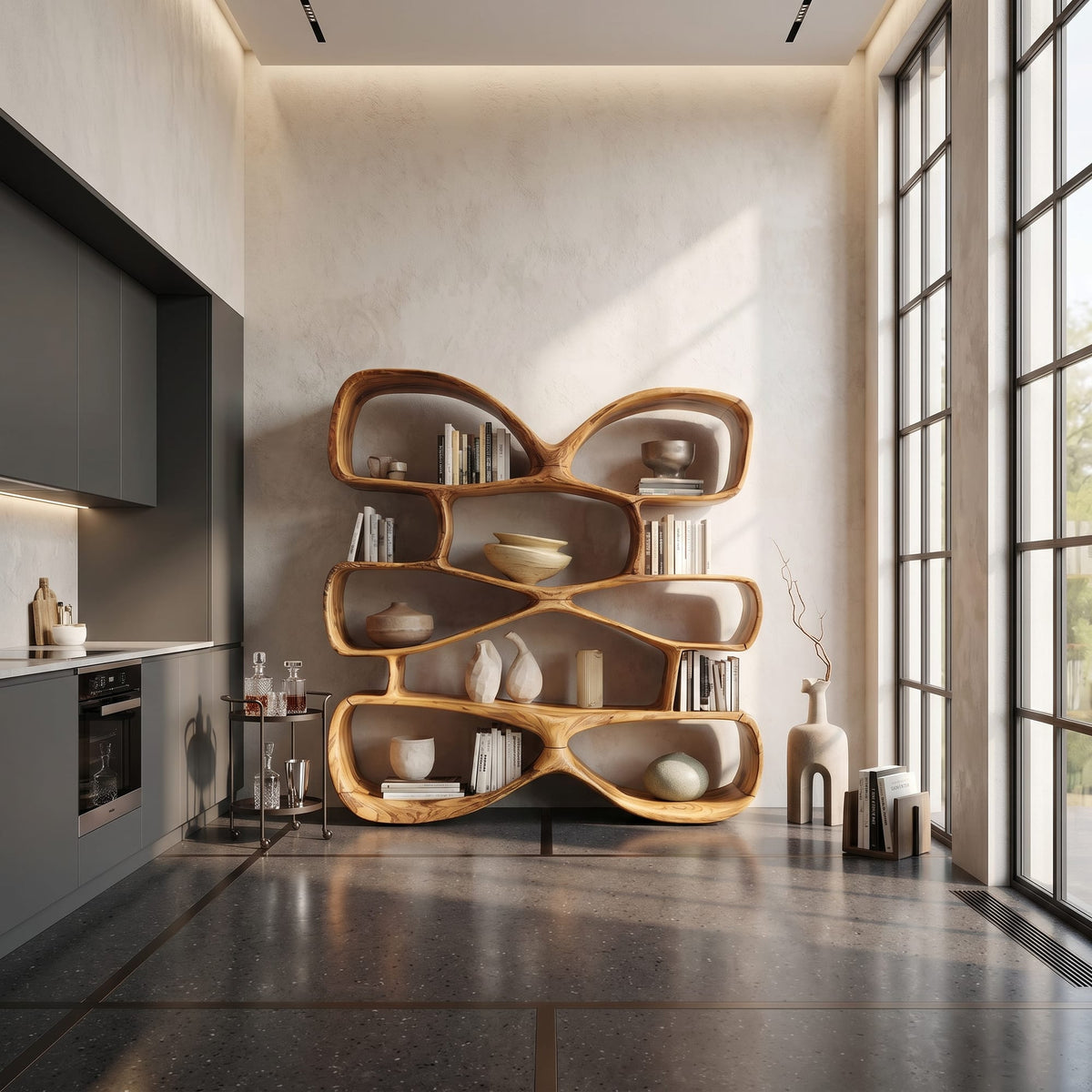 Contemporary Biomorphic Bookshelf in Fluid Design, solid wood, built to order