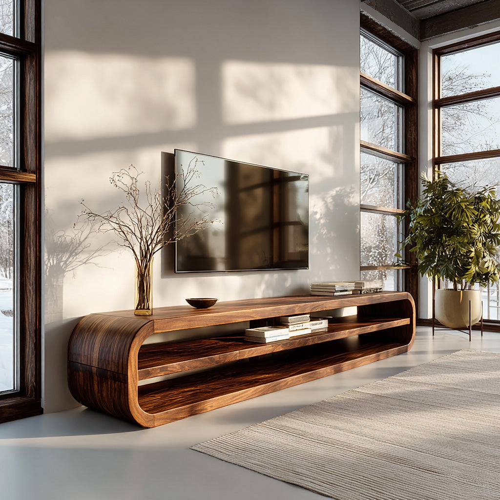Contemporary TV Console with Open Storage, solid wood, built to order