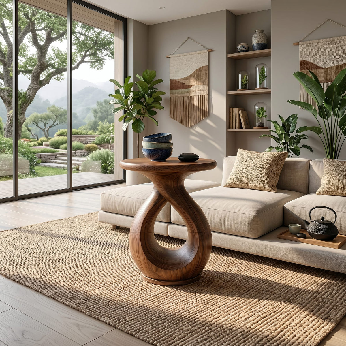 Japandi Twisted Side Table Contemporary Reading Nook, solid wood, built to order