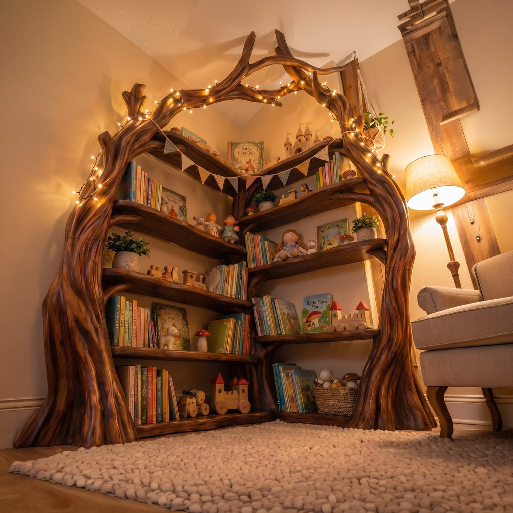 Tree Wall Bookshelf Corner Storage Bookcase Wooden Display Shelf, solid wood, built to order