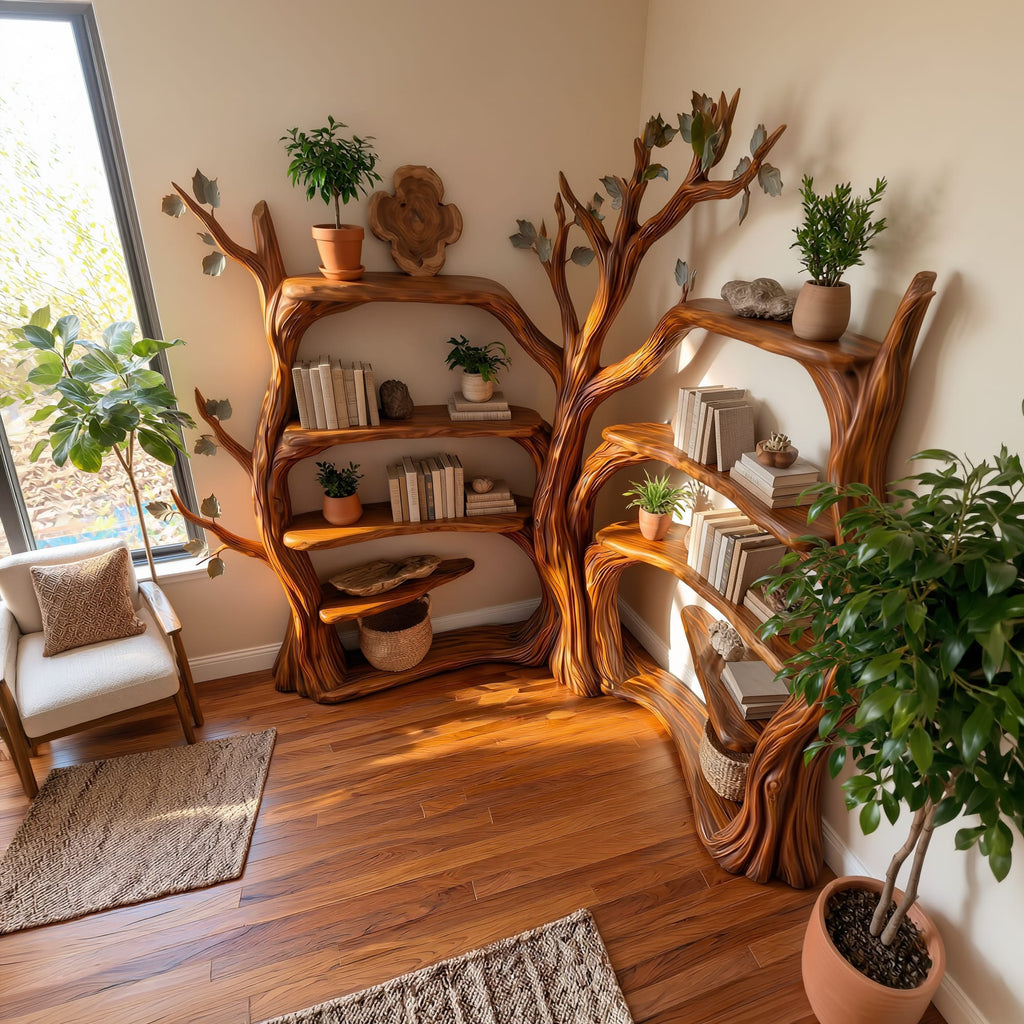 Tree Corner Bookshelf, solid wood, built to order
