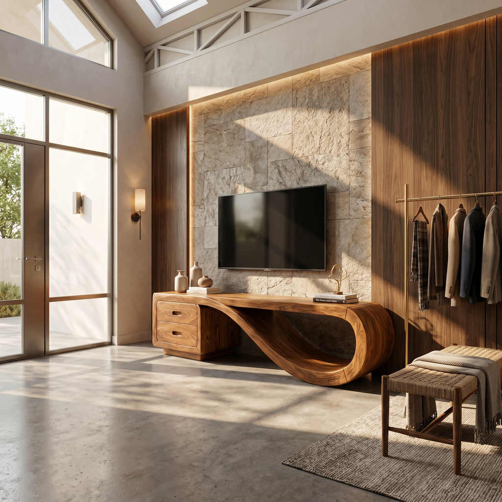 Sculptural Media Console Marble Accent Wall, solid wood, built to order, view 3