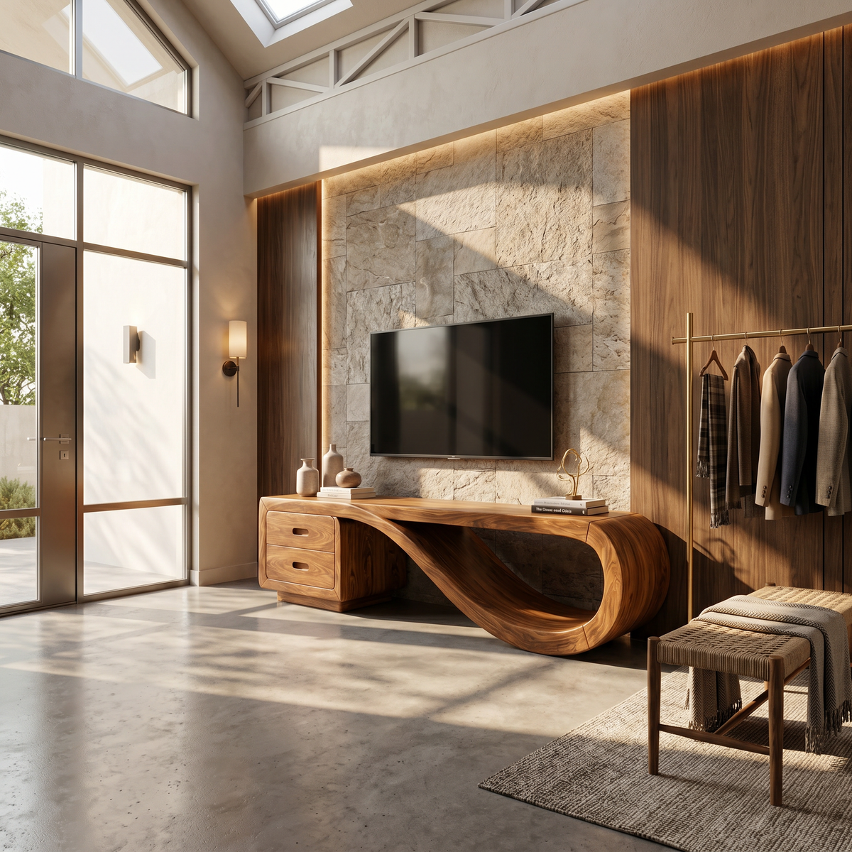 Sculptural Media Console Marble Accent Wall, solid wood, built to order, view 3