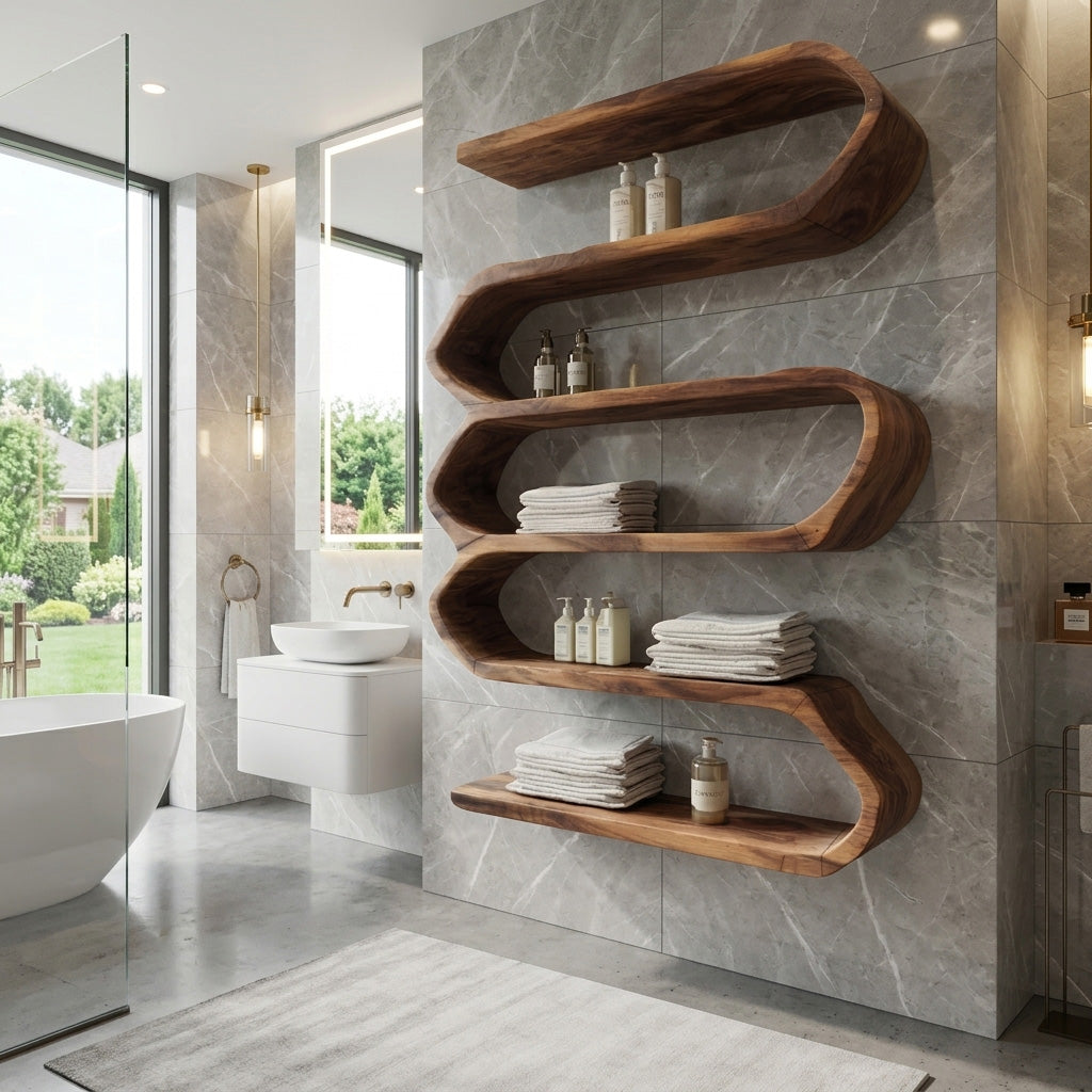 Organic Natural Bathroom Shelf for Spa Style, solid wood, built to order, view 3