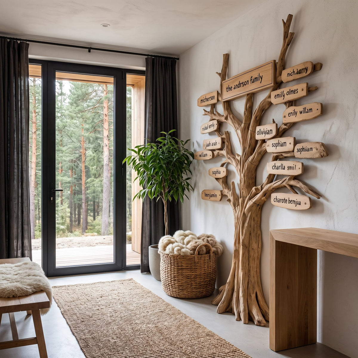 Contemporary Family Tree Wall Art with Custom Name Plaques, solid wood, built to order