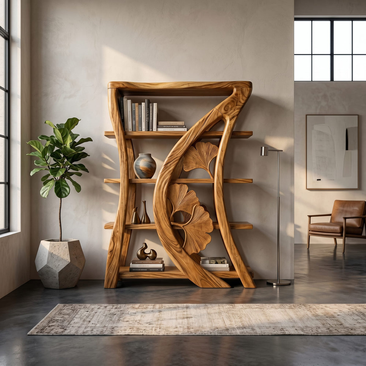 Artistic Bookcase with Botanical Sculpture Design, solid wood, built to order