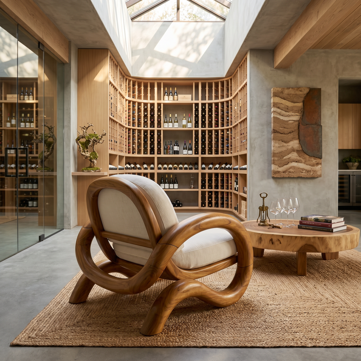 Contemporary Curved Lounge Chair Villa Interior, solid wood, built to order, view 3