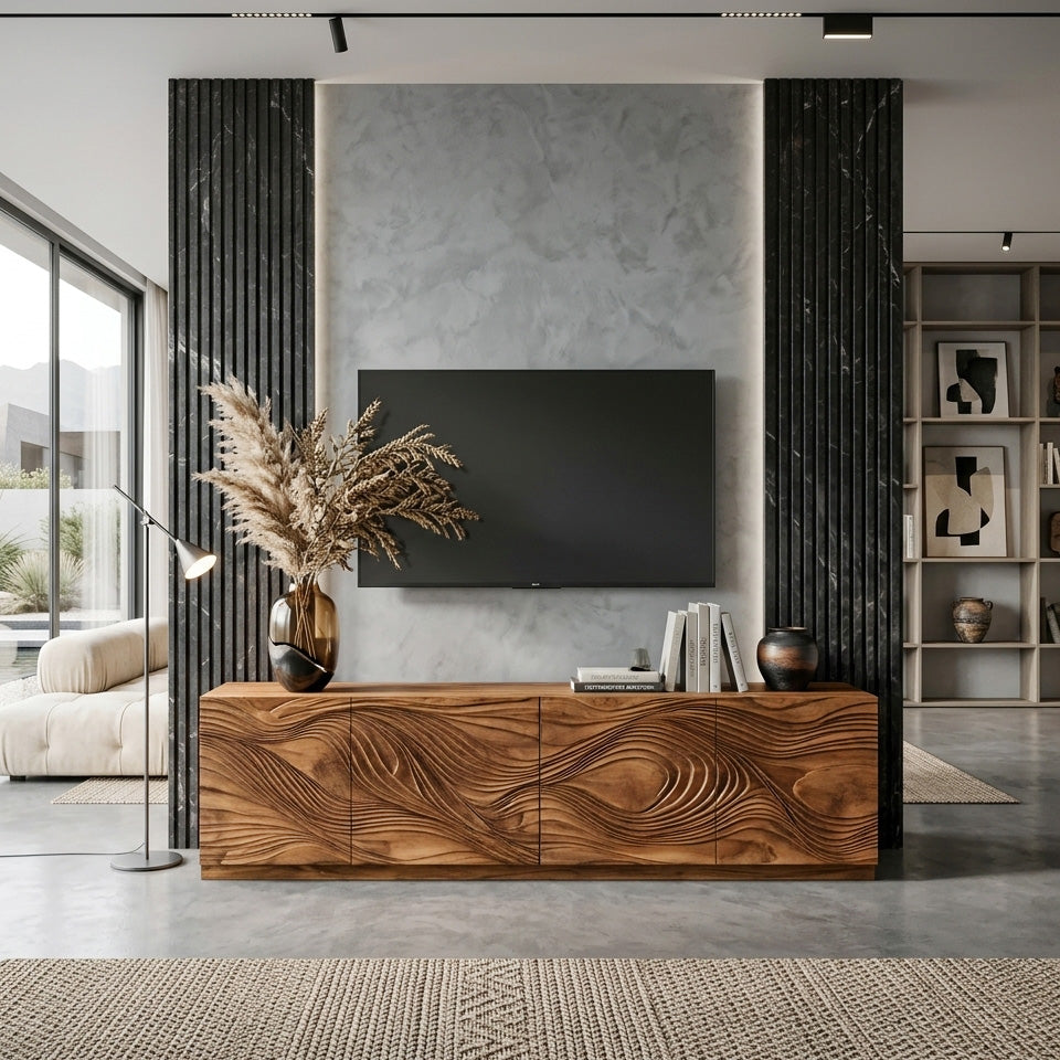 Artistic TV Console with Wave Pattern, solid wood, built to order, view 3