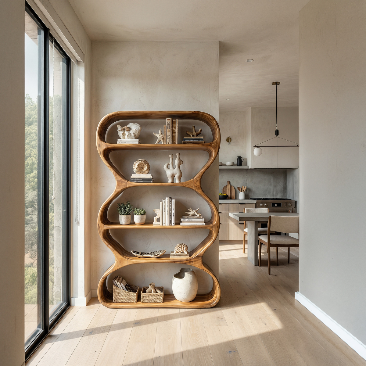 Contemporary Curved Bookshelf, solid wood, built to order, view 3