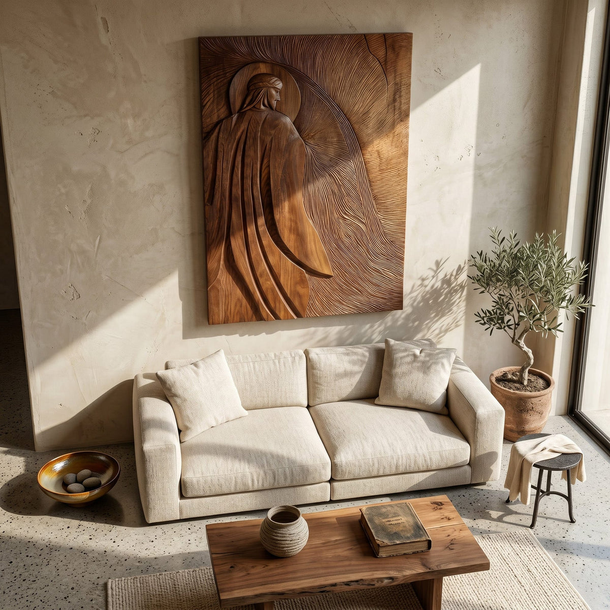 Contemporary Wall Art with Carved Figure, solid wood, built to order
