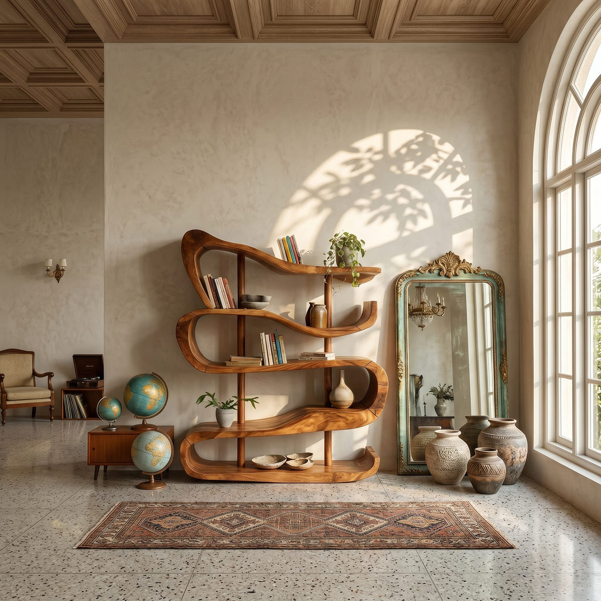 Artistic Display Shelf in Organic Form, solid wood, built to order