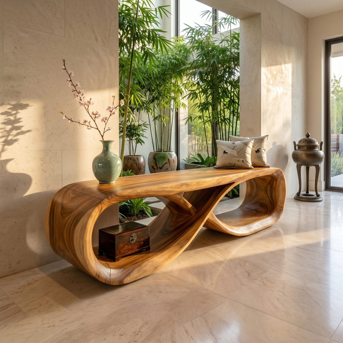 Curved Wooden Bench Residence, solid wood, built to order
