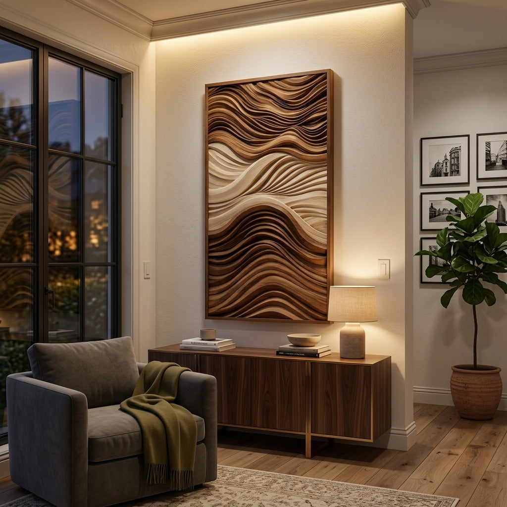Vertical Sculptural Wall Art with Wave Carved Design, solid wood, built to order, view 7