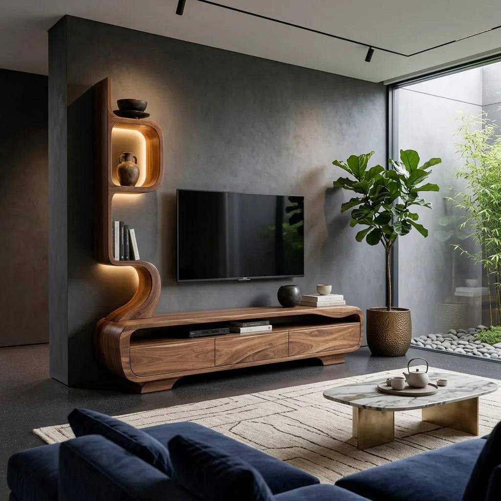 Organic Sculptural TV Console with Display Shelves, solid wood, built to order, view 3