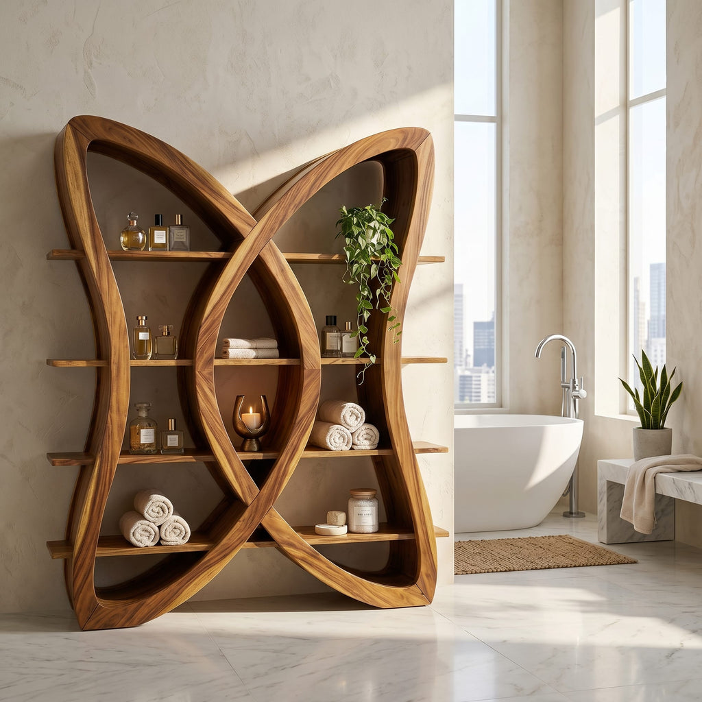Butterfly Inspired Wooden Bookcase in Organic Style, solid wood, built to order