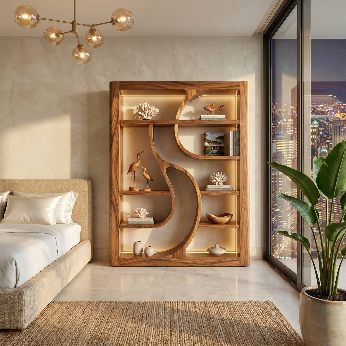 Wooden Bookshelf Featuring Ambient LED Shelving, solid wood, built to order