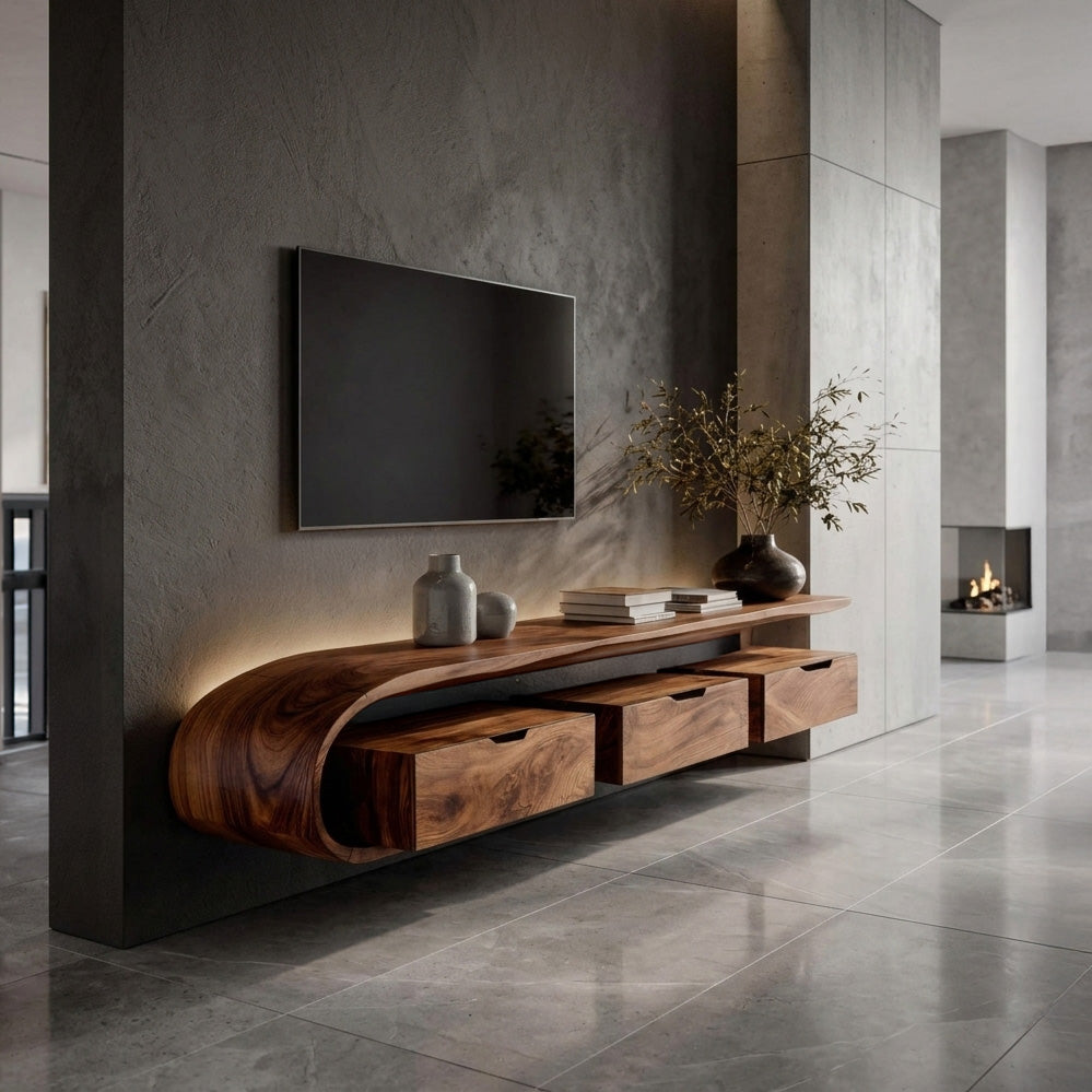 Minimal Curved Floating TV Console with Drawers, solid wood, built to order, view 3