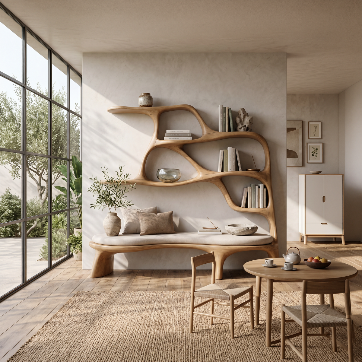 Minimalist Window Seat Bookcase, solid wood, built to order, view 3