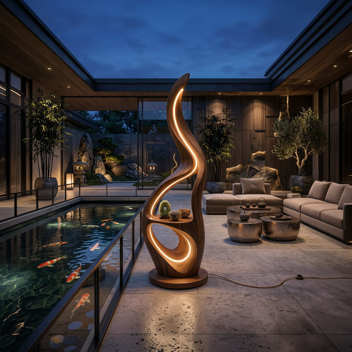 Contemporary Ring Lamp with Table, solid wood, built to order