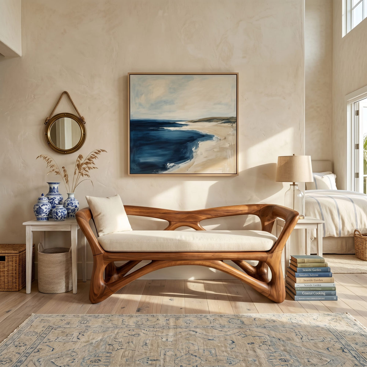 Japandi Accent Bench Wellness Retreat, solid wood, built to order