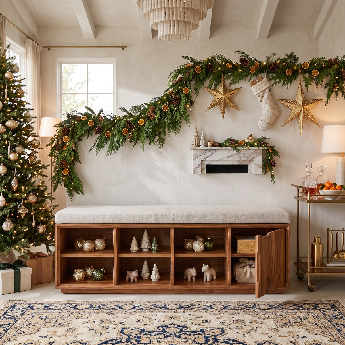 Rustic Bedroom Storage Bench Reindeer Ornament, solid wood, built to order