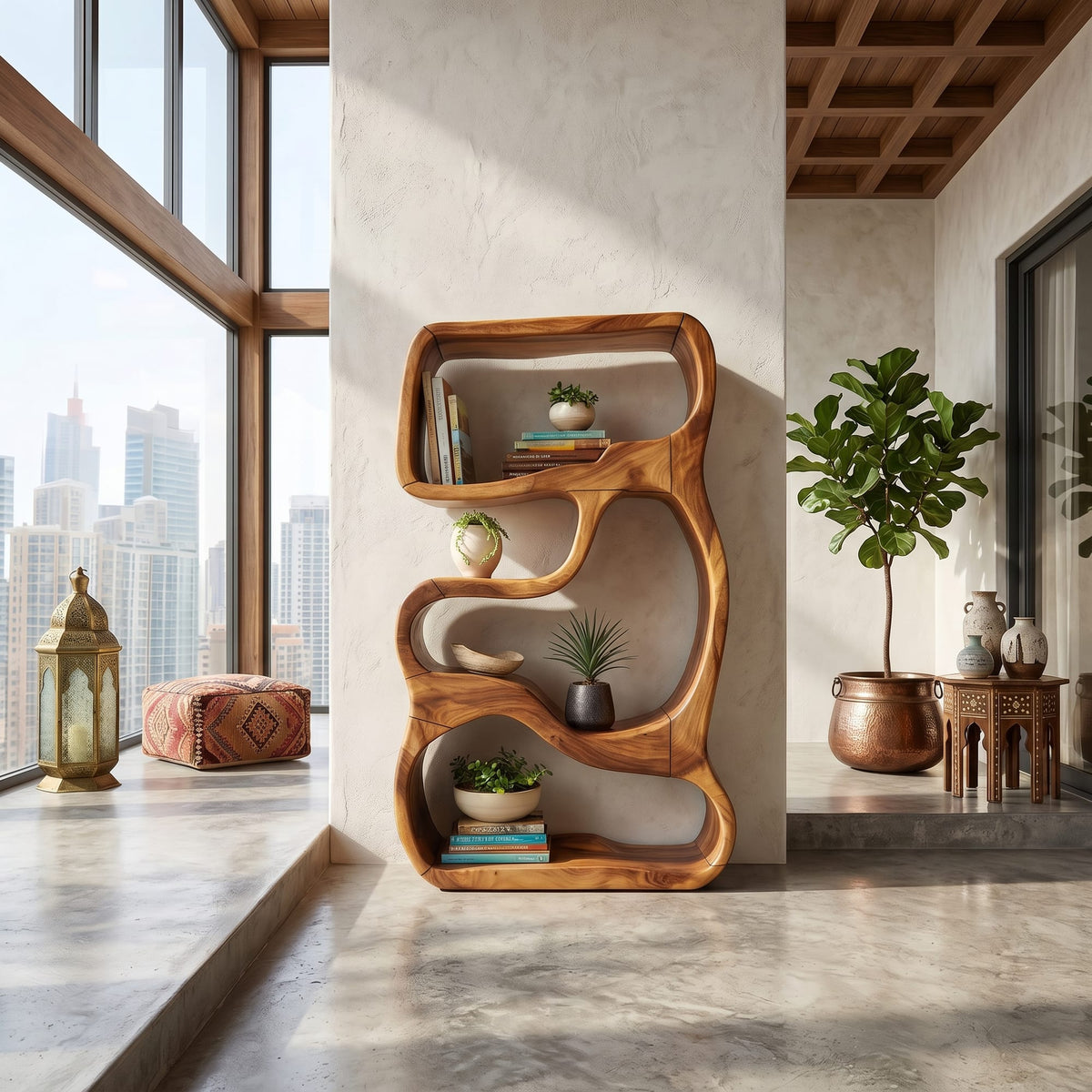 Minimalist Bookshelf Featuring Curved Side Panels, solid wood, built to order