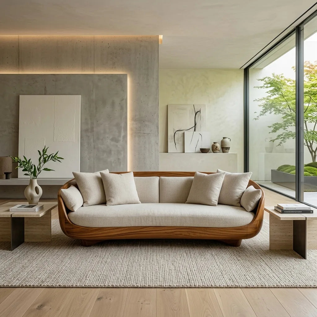 Contemporary Curved Sofa with Upholstered Seat, solid wood, built to order, view 3