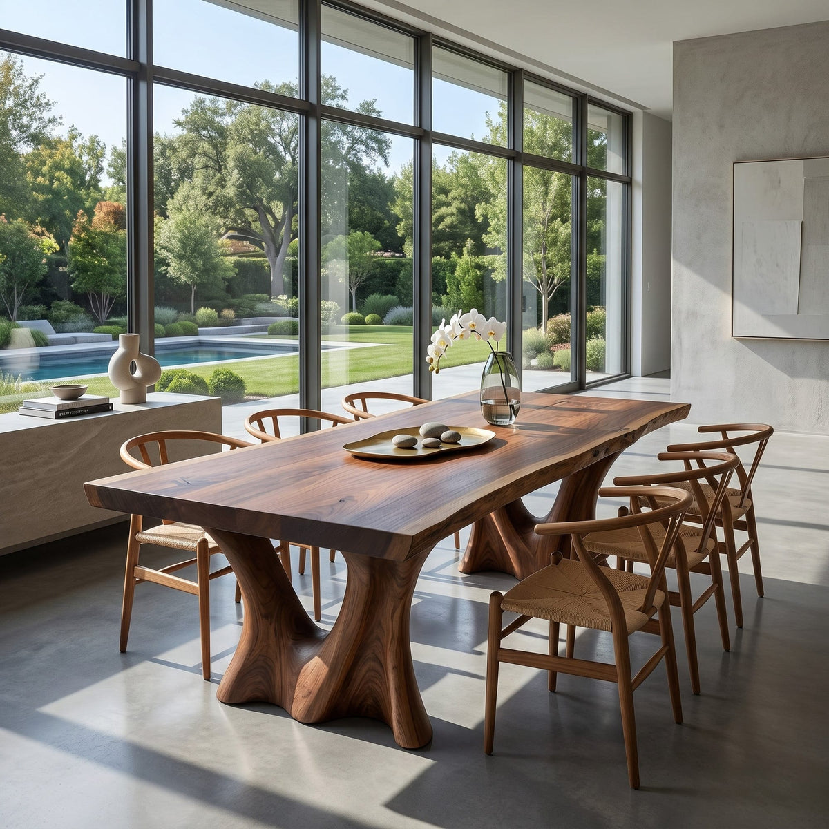 Modern Dining Table with Two Sculpted Legs, solid wood, built to order