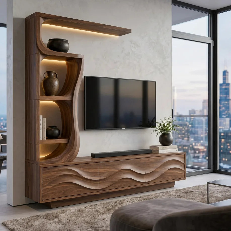 Contemporary Wave Carved TV Stand with Shelf, solid wood, built to order, view 3