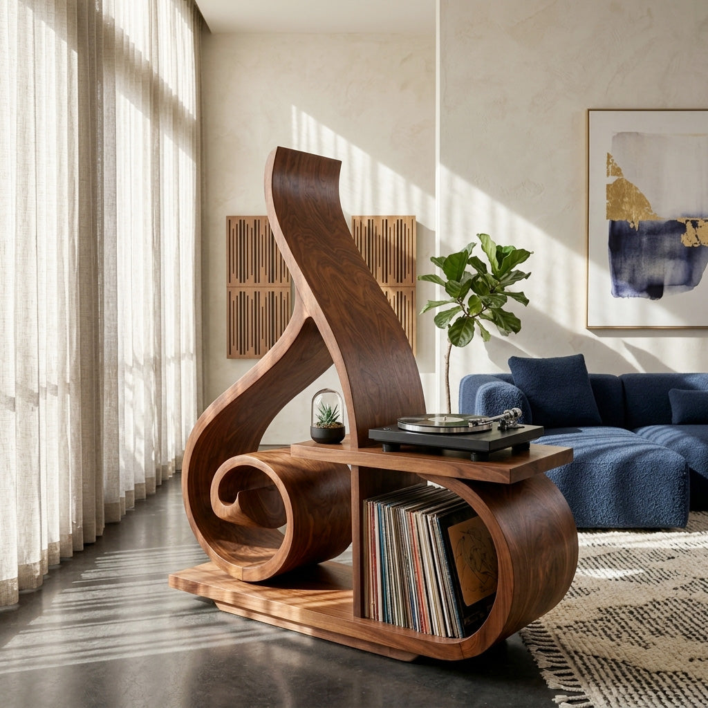 Contemporary Sculptural Record Player Stand, solid wood, built to order, view 3