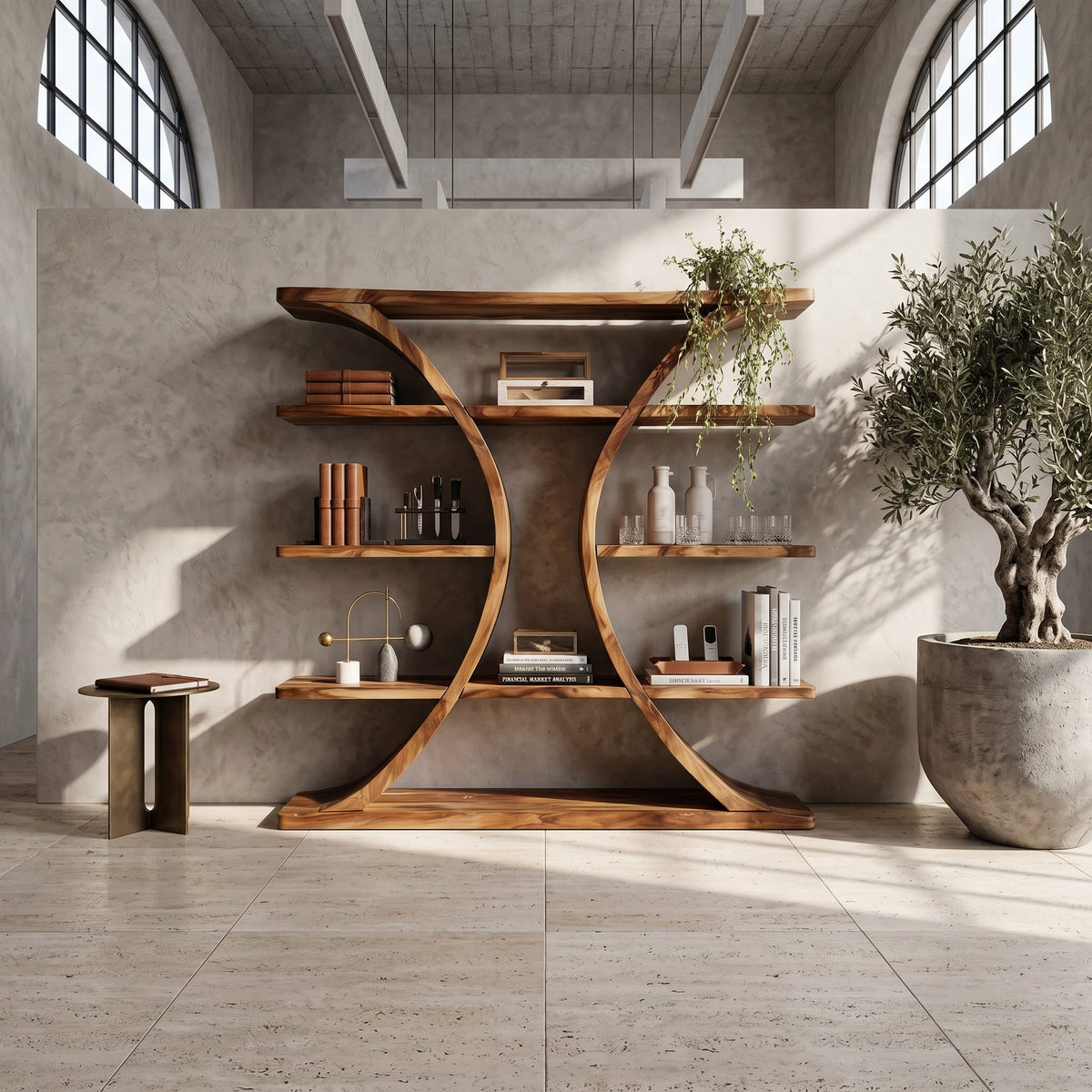 Organic Wooden Spa Shelf with Sculptural Curved Frame, solid wood, built to order