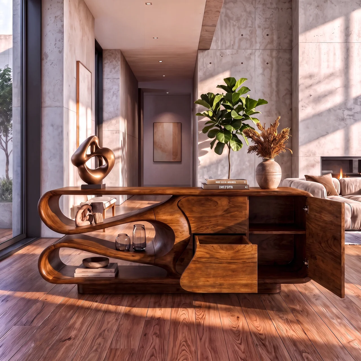 Organic Sideboard with Integrated Drawers and Flowing Silhouette, solid wood, built to order, view 2