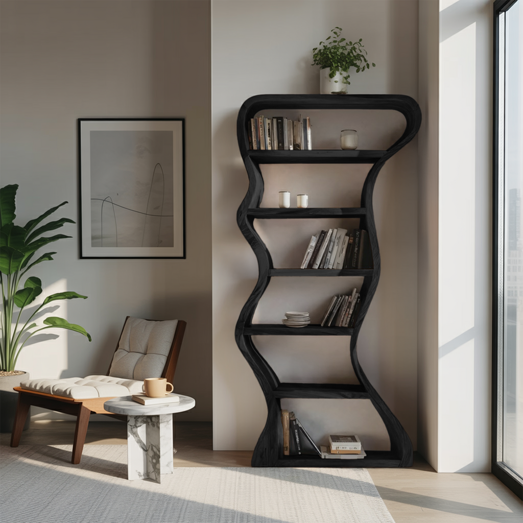 Organic Sculpture Wavy Bookshelf, solid wood, built to order, view 4